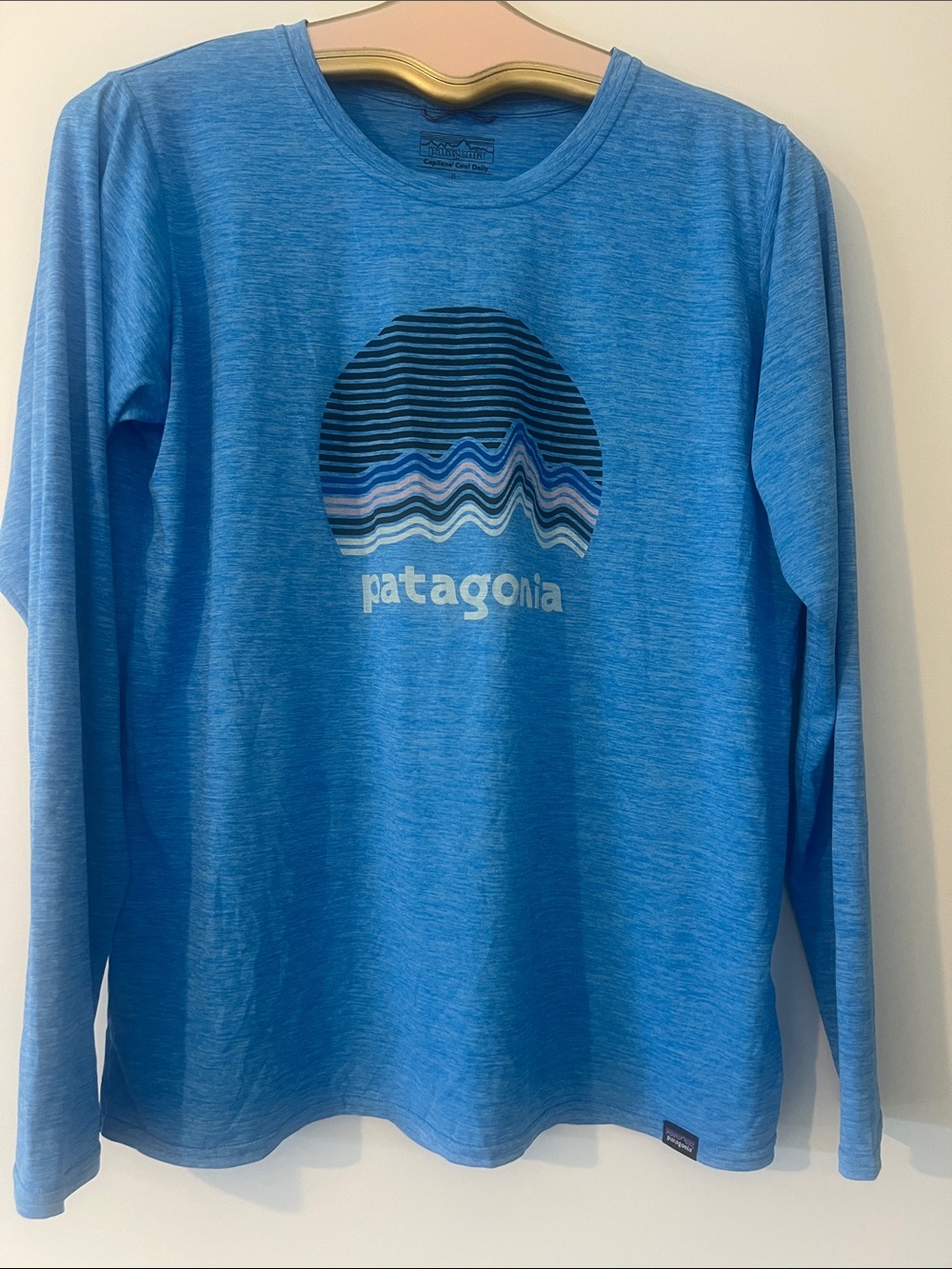Patagonia Capilene Cool Daily Long-Sleeve Blue Graphic Tee with Wave Logo large